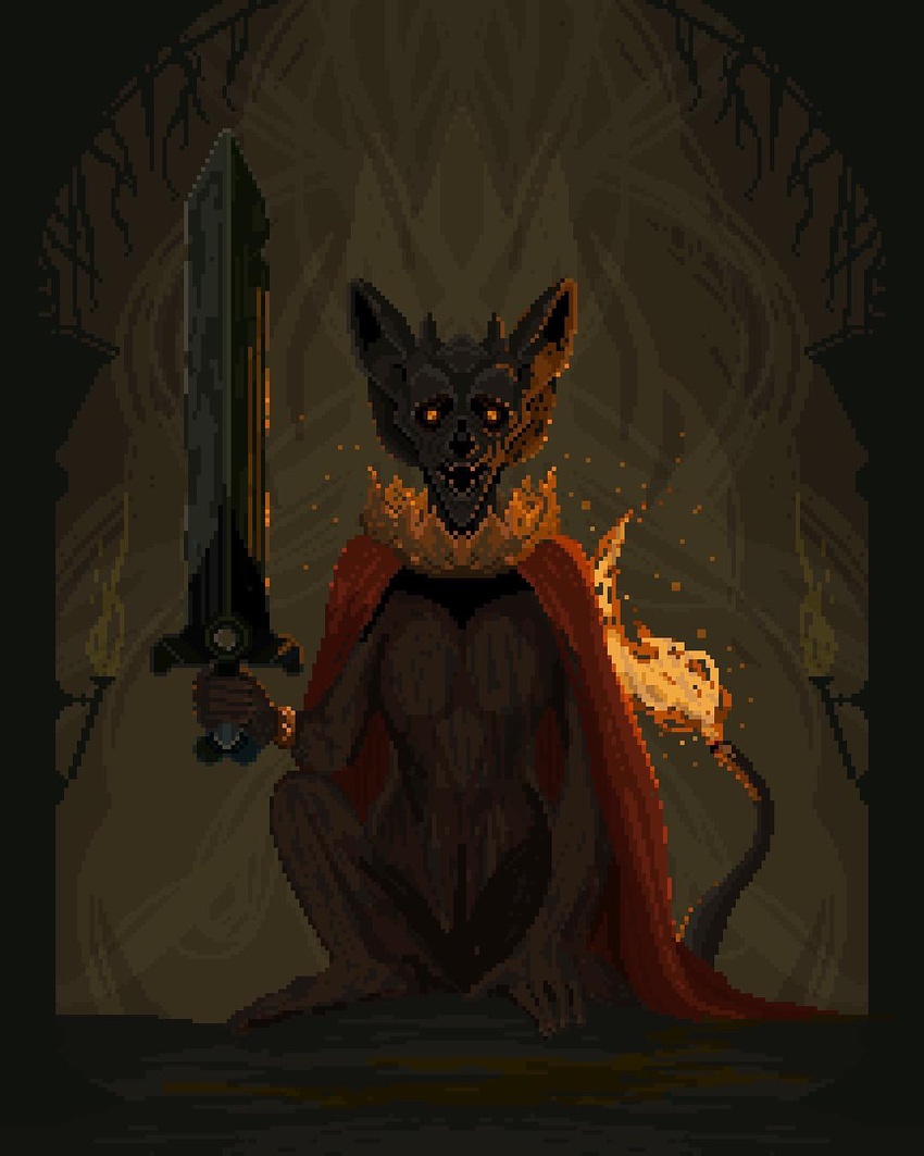 bad_link cape creature elden_ring erdtree_burial_watchdog fiery_tail glowing glowing_eyes highres holding holding_sword holding_weapon looking_at_viewer open_mouth pixel_art pixelianska red_cape solo sword tail torch weapon