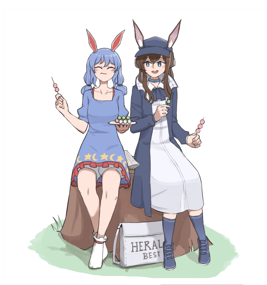 2girls absurdres amiya_(arknights) amiya_(newsgirl)_(arknights) animal_ears arknights ascot bloomers blue_ascot blue_coat blue_dress blue_eyes blue_footwear blue_hair blue_socks closed_eyes coat crescent crossover dress earclip eating grass highres kine log mallet mata_(matasoup) multiple_girls newspaper official_alternate_costume rabbit_ears seiran_(touhou) smile socks star_(symbol) touhou trait_connection underwear white_dress white_footwear