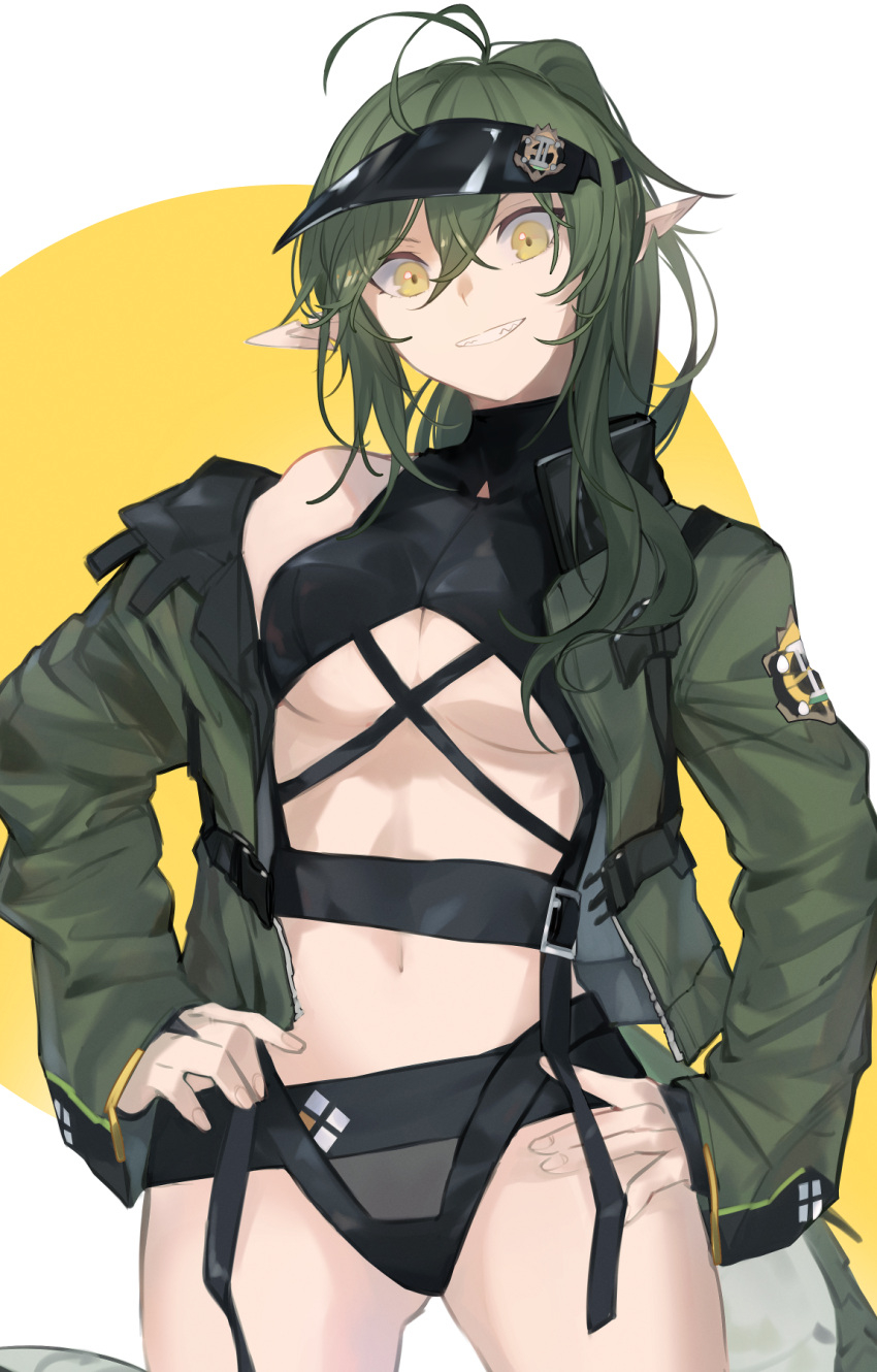 :d arknights ass_visible_through_thighs bikini black_bikini black_hat breasts cowboy_shot crocodilian_tail female gavial_(arknights) green_hair green_jacket grin hands_on_own_hips hat highres jacket kamatpit large_breasts long_hair long_sleeves looking_at_viewer navel off_shoulder official_alternate_costume open_clothes open_jacket parted_lips pointy_ears single_bare_shoulder smile solo stomach swimsuit tail two-tone_background underboob visor_cap white_background yellow_background yellow_eyes