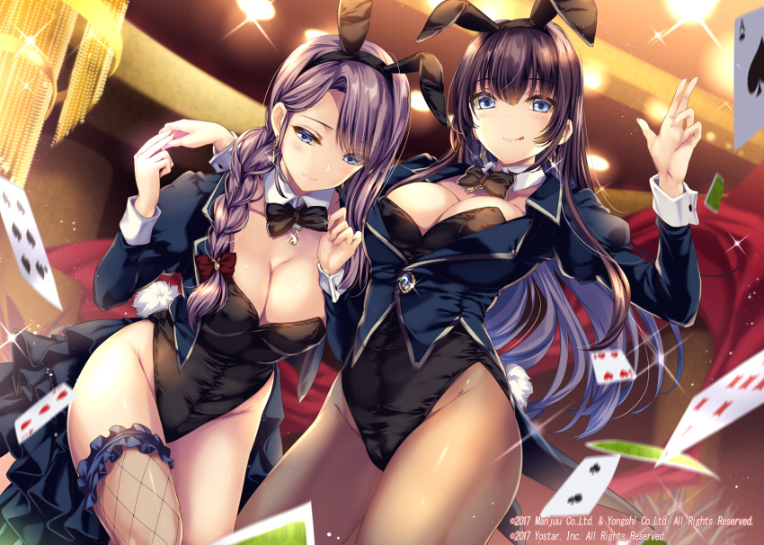 2girls ace_(playing_card) alternate_costume animal_ears azur_lane black_leotard blue_eyes blue_jacket braid breasts brown_hair brown_pantyhose card casino cleavage cowboy_shot croupier curacoa_(azur_lane) curlew_(azur_lane) detached_collar dutch_angle fake_animal_ears fake_tail fishnet_thighhighs fishnets highleg highleg_leotard highres jacket large_breasts leaning_forward leotard leotard_under_clothes long_hair looking_at_viewer monety multiple_girls official_art pantyhose playboy_bunny playing_card purple_hair rabbit_ears rabbit_tail strapless strapless_leotard tail thighhighs wrist_cuffs