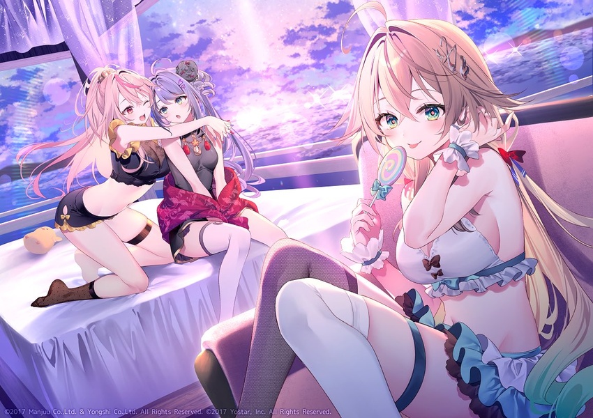 3girls ahoge asymmetrical_legwear azur_lane bare_shoulders beach black_socks black_thighhighs blonde_hair breasts candy chestnut_mouth closed_mouth cloud cloudy_sky crossed_bangs dutch_angle food green_eyes grenville_(azur_lane) hair_between_eyes holding holding_candy holding_food holding_lollipop hug indoors kneehighs l'opiniatre_(azur_lane) large_breasts le_temeraire_(azur_lane) lollipop looking_at_another looking_at_viewer manjuu_(azur_lane) multicolored_hair multiple_girls navel official_art one_eye_closed open_mouth pink_hair purple_hair red_eyes riichu scrunchie single_sock single_thighhigh sky smile socks streaked_hair thigh_strap thighhighs tongue tongue_out white_thighhighs wrist_scrunchie