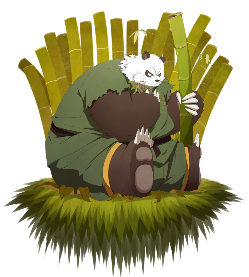 2013 angry anthro bamboo bear black_body black_fur bottomwear chizu clothing eating fur giant_panda hi_res kemono male mammal overweight overweight_anthro overweight_male pants sitting solo white_body white_fur