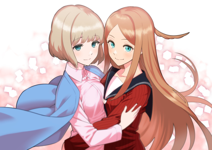 2girls belly-to-belly black_sailor_collar blonde_hair blue_cape blue_eyes bob_cut breast_press breasts cape closed_mouth collared_shirt empty_eyes hug konami_kirie looking_at_viewer multiple_girls nagashii_kouhei nasu_rei pink_shirt red_shirt sailor_collar school_uniform serafuku shirt short_hair smile symmetrical_docking world_trigger