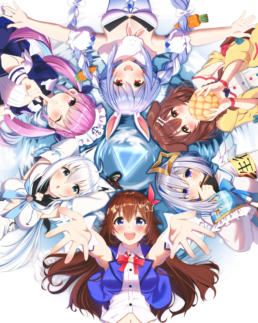 6+girls ahoge amane_kanata angel animal_ear_fluff animal_ears bangs blue_eyes blue_hair blue_ribbon bone_hair_ornament braid bread breasts brown_eyes brown_hair bunny-shaped_pupils carrot_hair_ornament casino_(casinoep) colored_inner_hair dog_ears dog_girl dog_tail don-chan_(usada_pekora) doujinshi extra_ears fangs food food-themed_hair_ornament fox_ears fox_girl hair_ornament hair_ribbon halo highres hololive idol inugami_korone long_hair looking_at_viewer low_twin_braids maid melon_bread minato_aqua multicolored_hair multiple_girls non-web_source open_mouth purple_eyes purple_hair rabbit_ears rabbit_girl ribbon shirakami_fubuki short_hair silver_hair smile star_(symbol) symbol-shaped_pupils tail tokino_sora twin_braids twintails two-tone_hair usada_pekora virtual_youtuber white_hair wings