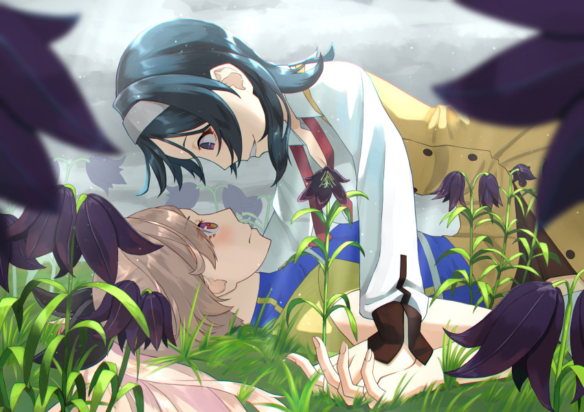 2girls black_flower black_hair blonde_hair blush breasts cleavage cover cover_page dress eye_contact flower grey_background grin headband highres holding_hands kamchatka_lily lily_(flower) long_hair long_sleeves looking_at_another lying medium_hair menou_(virgin_road) multiple_girls neck_ribbon novel_cover on_back on_grass on_ground ponytail purple_eyes red_ribbon ribbon shirt shokei_shoujo_no_virgin_road smile straddling tokitou_akari undone_neck_ribbon white_shirt yellow_dress yonaga_nagaduki yuri