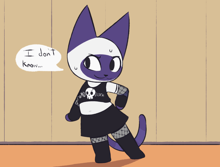 alternative_fashion animal_crossing bottomwear clothing domestic_cat english_text felid feline felis female fishnet_clothing fishnet_legwear fur goth legwear mammal mitzi_(animal_crossing) mrdegradation nintendo purple_body purple_fur skirt solo text white_body white_fur