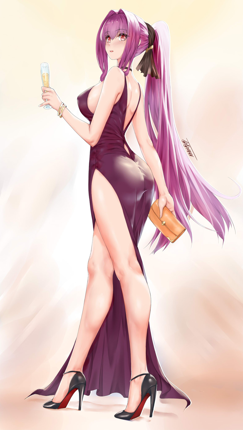 alcohol alternate_costume ass bag bangle bare_arms bare_legs bare_shoulders black_footwear black_ribbon bracelet breasts champagne champagne_flute christian_louboutin_(brand) colored_shoe_soles commentary_request cup dress drinking_glass evening_gown fate/grand_order fate_(series) female from_side full_body hair_intakes hair_ribbon handbag high_heels high_ponytail highres holding holding_bag holding_cup jewelry large_breasts legs long_hair looking_at_viewer looking_to_the_side parted_lips pelvic_curtain purple_dress red_eyes ribbon scathach_(fate) shoe_soles sideboob sidelocks signature sleeveless sleeveless_dress smile solo toyoman very_long_hair women's_wallet