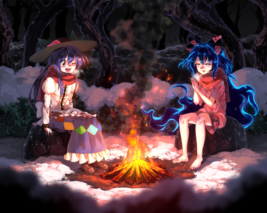 2girls barefoot black_headwear blue_hair blue_skirt blush breath brown_footwear campfire closed_eyes cold commentary commission debt dirty dirty_feet drawstring dress food fruit grey_hoodie hat highres hinanawi_tenshi hood hood_down hoodie juliet_sleeves layered_dress leaf long_hair long_skirt long_sleeves looking_down miniskirt multiple_girls night one_eye_closed open_mouth outdoors own_hands_together peach puffy_sleeves red_eyes red_scarf scarf sidelocks sitting sitting_on_rock skirt smile smoke snow sunyup touhou tree under_tree upper_teeth very_long_hair winter yorigami_shion