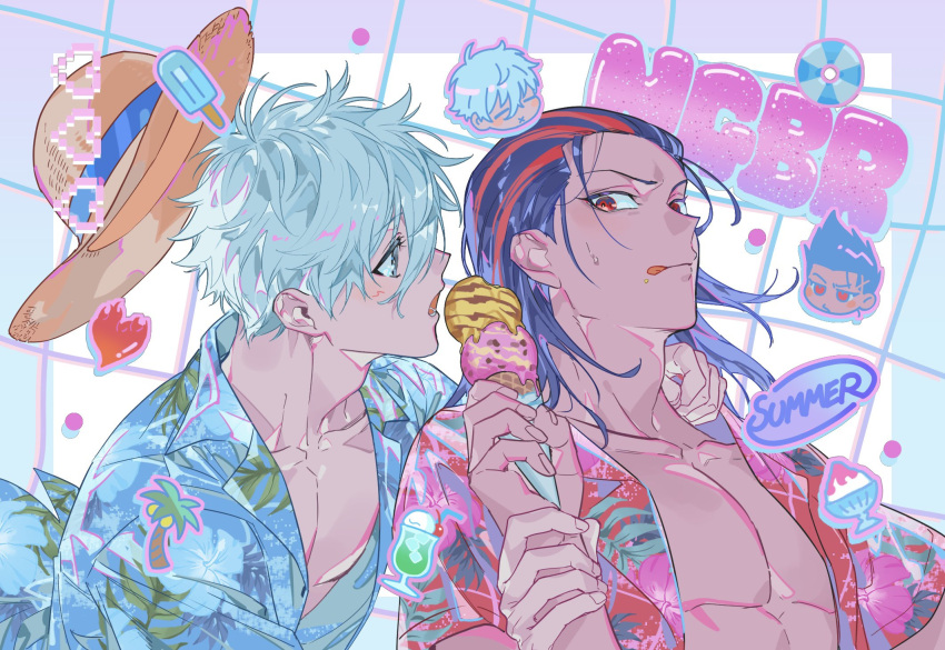 2boys barou_shouei black_hair blue_eyes blue_lock blue_shirt bomber_tarou food grid_background hat hawaiian_shirt highres holding holding_another's_wrist holding_food ice_cream ice_cream_cone looking_at_another male_focus medium_hair multiple_boys nagi_seishirou open_clothes open_mouth open_shirt red_eyes red_hair red_shirt shirt short_hair straw_hat tongue tongue_out white_hair yaoi