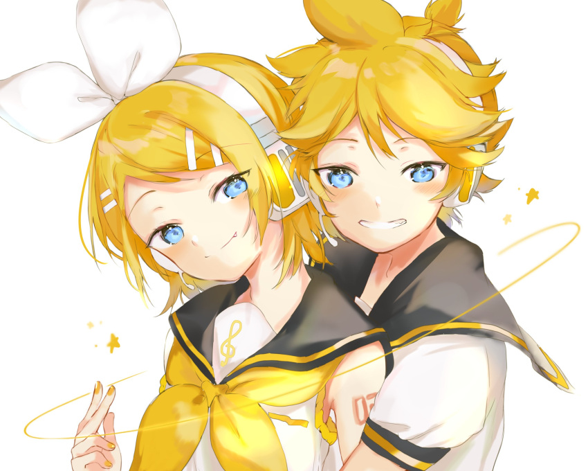 1boy bad_id bad_twitter_id bare_shoulders black_sailor_collar blonde_hair blue_eyes bow commentary female grin hair_ornament hairbow hairclip headphones headset highres hug hug_from_behind kagamine_len kagamine_rin looking_at_viewer neckerchief oerba_yun_fang oyamada_gamata sailor_collar school_uniform shirt short_hair short_ponytail short_sleeves shoulder_tattoo sleeveless sleeveless_shirt smile spiked_hair star_(symbol) swept_bangs tattoo treble_clef upper_body vocaloid white_background white_bow white_shirt yellow_neckerchief