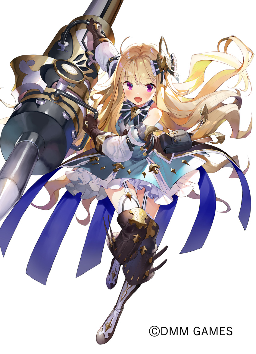 :d blonde_hair boots bow char_(sennen_sensou_aigis) eyebrows female gaou_(umaiyo_puyoman) gloves hair_ornament hairbow highres long_hair looking_at_viewer official_art open_mouth photoshop_(medium) pile_bunker sennen_sensou_aigis smile solo standing thigh_boots thighhighs