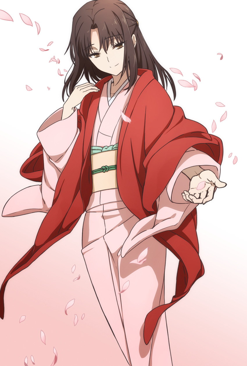 aged_up brown_eyes brown_hair commentary commission english_commentary female half_updo haori highres japanese_clothes kara_no_kyoukai kimono long_hair obi obiage obijime oiun outstretched_hand petals pixiv_commission ryougi_shiki sash short_hair smile solo