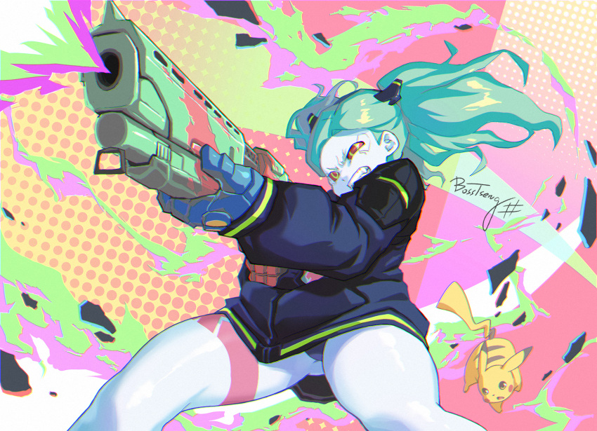 aiming aqua_hair artist_name black_jacket black_panties blue_skin bosstseng chinese_commentary chromatic_aberration clenched_teeth colored_sclera colored_skin colorful commentary_request crossover cyberpunk_(series) cyberpunk_edgerunners female firing forehead green_eyes gun half-closed_eyes headgear highres holding holding_gun holding_weapon jacket leg_tattoo legs legs_apart long_hair long_sleeves mechanical_arms multicolored_eyes no_pants oerba_yun_fang panties pikachu pokemon pokemon_(creature) rebecca_(cyberpunk) red_eyes red_sclera shiny_skin shotgun signature smoke solo_focus tattoo teeth thighs twintails two-handed underwear weapon