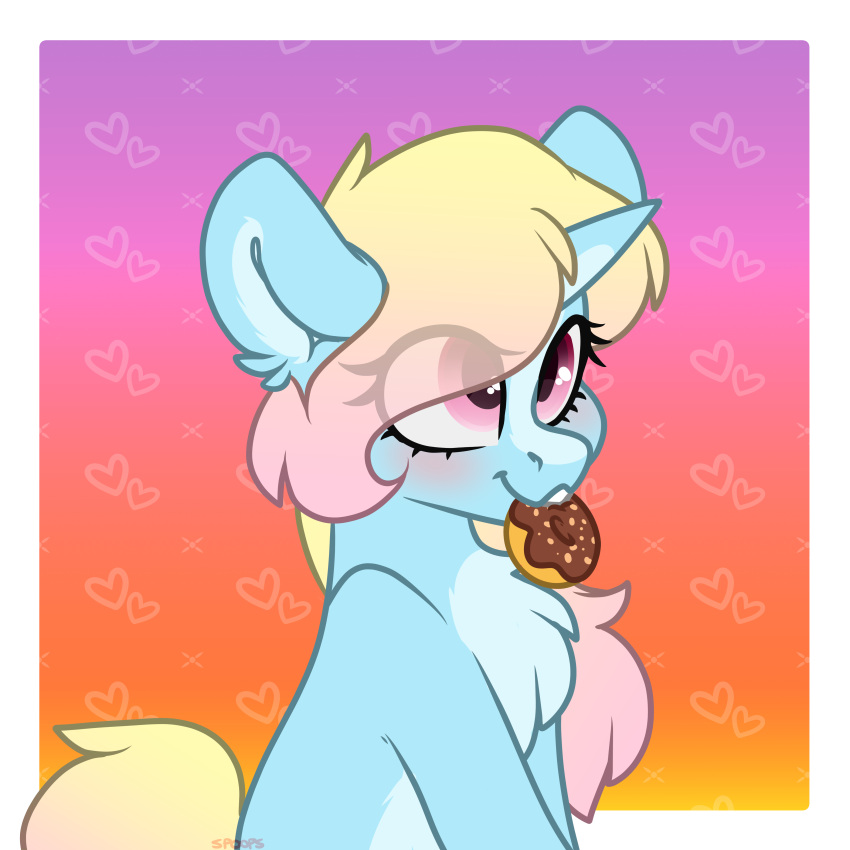 1:1 2019 absurd_res blonde_hair blue_body blue_fur chest_tuft dessert dotty_donut doughnut doughnut_in_mouth equid equine female feral food food_in_mouth fur hair hasbro hi_res horn itsspoopsb looking_up mammal my_little_pony mythological_creature mythological_equine mythology pastry pink_eyes simple_background smile solo tuft unicorn