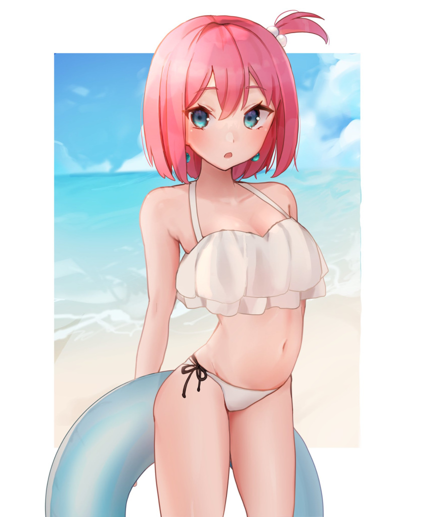 beauty_(bobobo-bo_bo-bobo) bikini blue_eyes blush bobobo-bo_bo-bobo breasts cleavage cloud collarbone commentary_request earrings eyes_visible_through_hair female highres innertube jewelry looking_at_viewer navel open_mouth outdoors pakimoti pink_hair side-tie_bikini_bottom side_ponytail swim_ring swimsuit