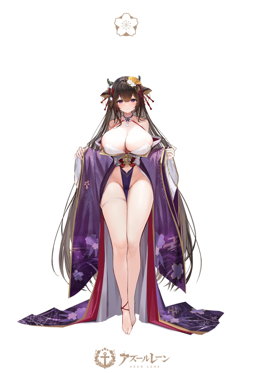 azur_lane breasts brown_hair commentary_request copyright_name feifeifeihai female full_body highres huge_breasts japanese_clothes kashino_(azur_lane) kashino_(robust_floral_strings)_(azur_lane) kimono long_hair long_sleeves looking_at_viewer no_panties official_alternate_costume official_art purple_eyes purple_kimono simple_background solo very_long_hair white_background wide_sleeves