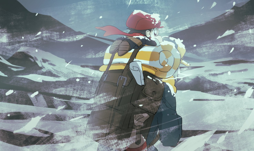 2boys backpack bag brown_bag chibi floating_scarf fur_trim ginter_(pokemon) hat jumpsuit male_focus maumaujanken multiple_boys outdoors pokemon pokemon_legends:_arceus red_headwear red_scarf rei_(pokemon) scarf short_hair snow snowing wind