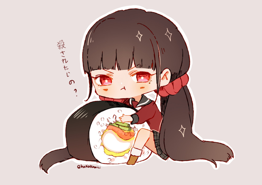 absurdres artist_name black_sailor_collar black_skirt blunt_bangs blush brown_footwear brown_hair chibi closed_mouth commentary danganronpa_(series) danganronpa_v3:_killing_harmony female food grey_background hakamii harukawa_maki highres holding holding_food long_hair looking_at_viewer mole mole_under_eye outline plaid plaid_skirt pout red_eyes red_scrunchie red_shirt sailor_collar scrunchie shirt skirt solo sushi translated white_outline