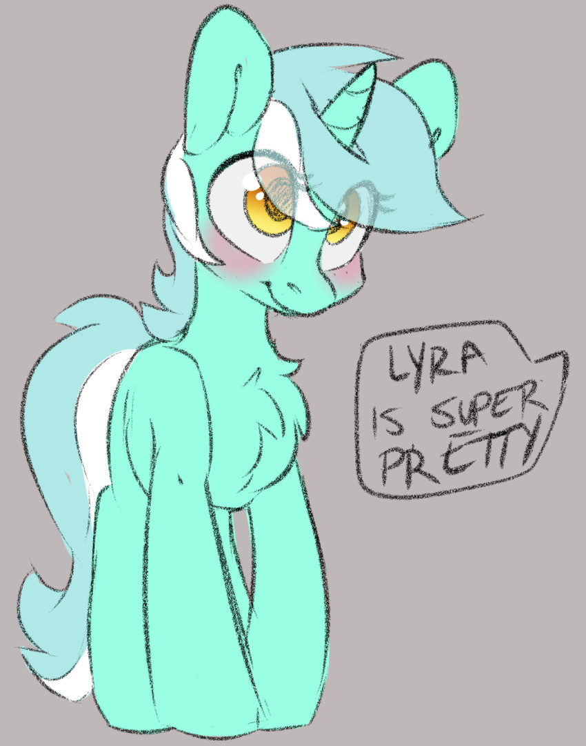 blush dialogue english_text equid equine female feral friendship_is_magic fur green_body green_fur hasbro hi_res horn itsspoopsb looking_up lyra_heartstrings_(mlp) mammal my_little_pony mythological_creature mythological_equine mythology simple_background smile solo standing text unicorn yellow_eyes