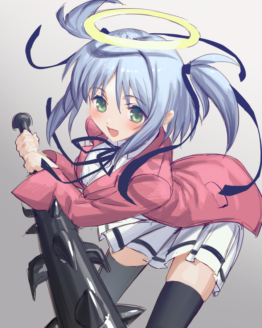 :d absurdres bad_id bad_pixiv_id black_ribbon black_thighhighs blue_hair blush bokusatsu_tenshi_dokuro-chan club_(weapon) commentary_request duplicate excalibolg female gradient_background green_eyes hair_between_eyes halo highres holding holding_weapon jacket kanabou light_blue_hair long_sleeves mimitoke mitsukai_dokuro open_mouth pink_jacket pixel-perfect_duplicate ribbon school_uniform short_hair smile solo spiked_club thighhighs two_side_up weapon zettai_ryouiki