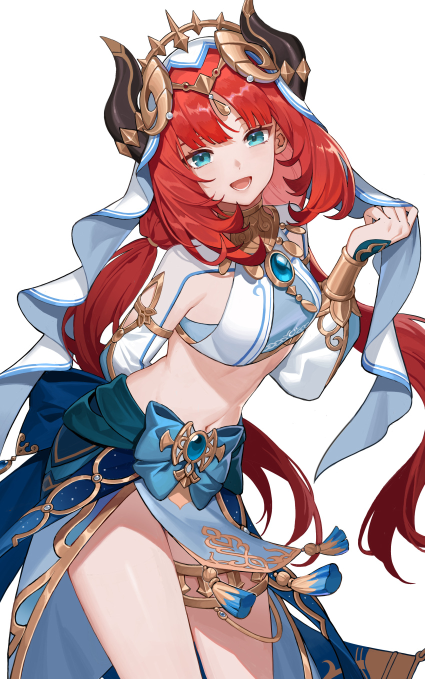 :d absurdres blue_bow blue_eyes bow breasts commentary_request fake_horns female genshin_impact hand_up highres horns leaning_forward long_hair looking_at_viewer low_twintails medium_breasts navel nilou_(genshin_impact) parted_bangs red_hair simple_background sin_(btc86amme) smile solo standing twintails veil very_long_hair white_background