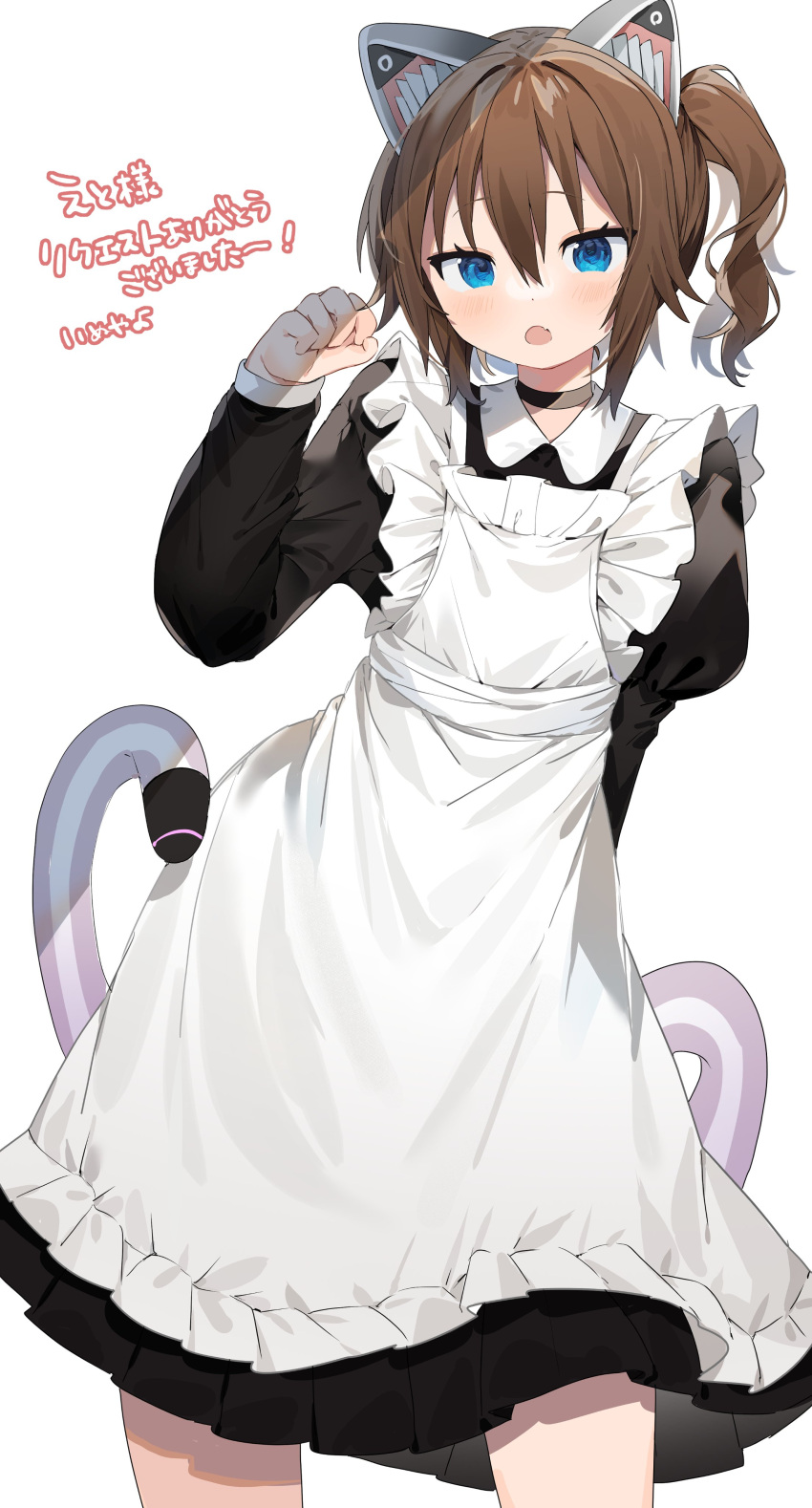 absurdres animal_ears arm_behind_back bad_id bad_twitter_id black_choker blue_eyes blush brown_hair choker female frills grey_background hair_between_eyes highres inuyayo long_hair maid mechanical_ears mechanical_tail oerba_yun_fang open_mouth original paw_pose puffy_sleeves side_ponytail simple_background skin_fang solo tail translated