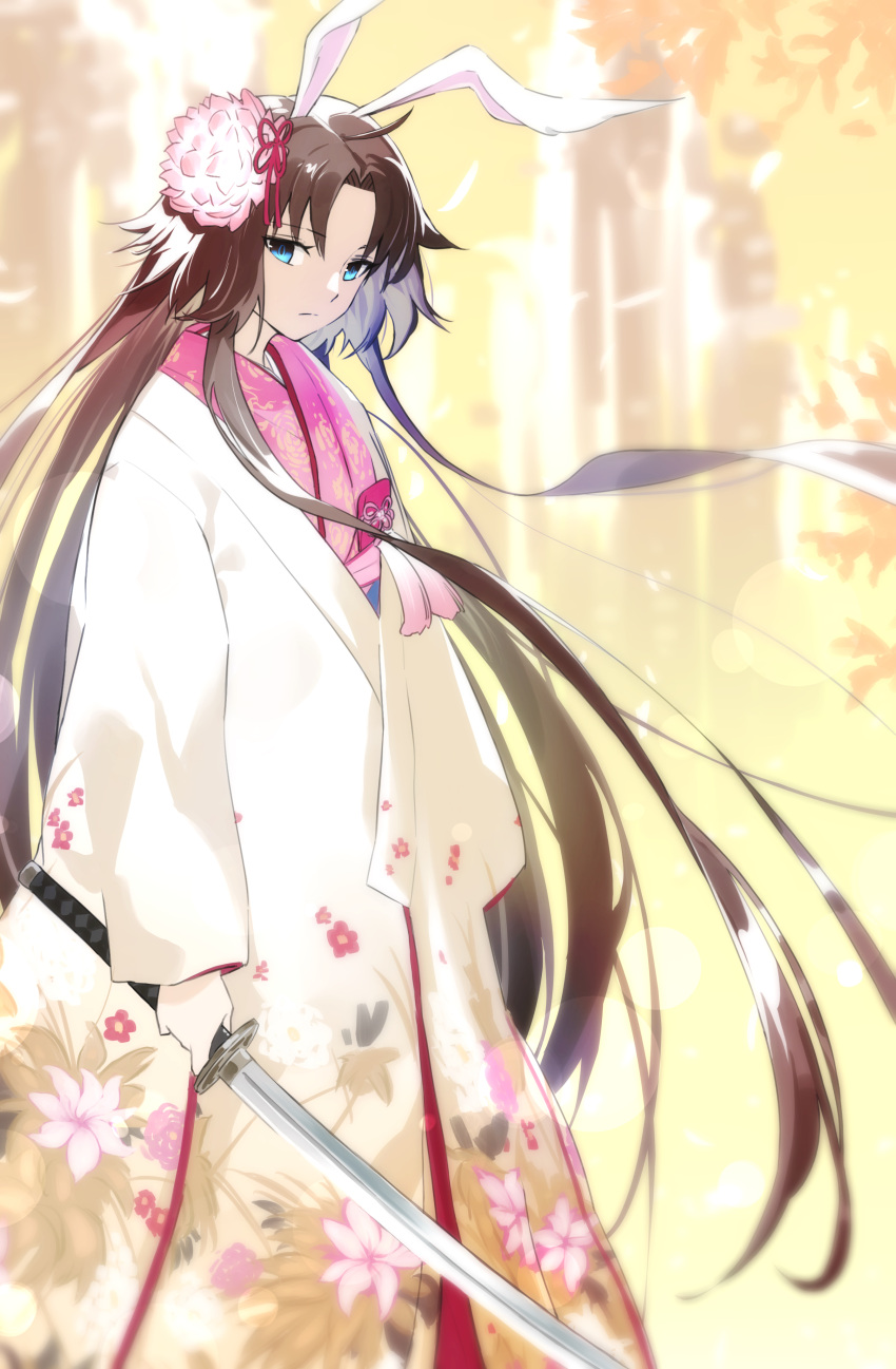 absurdres alternate_hair_length alternate_hairstyle animal_ears bad_id bad_pixiv_id blue_eyes brown_hair chrysanthemum commentary_request fate/grand_order fate_(series) female floral_print flower hair_flower hair_ornament haori highres holding holding_sword holding_weapon japanese_clothes kara_no_kyoukai katana kimono long_hair rabbit_ears ryougi_shiki ryougi_shiki_(third_ascension) solo sword tochi_keisuke weapon