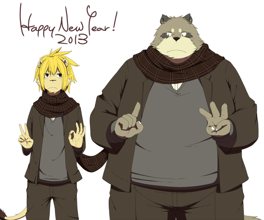 2013 anthro bottomwear canid canine chizu clothing duo hi_res holidays humanoid_hands kemono male mammal new_year overweight overweight_male pants raccoon_dog scarf shirt simple_background tanuki text topwear white_background