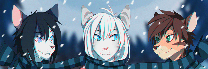 ambiguous_gender animated anthro felid group male mammal outside scarf short_playtime smile snow teeth zedzar