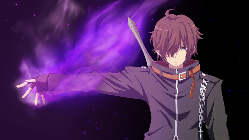 1boy belt brown_hair chains chuunibyou_demo_koi_ga_shitai! commentary_request cross dark_flame_master fingerless_gloves fire gloves hair_over_one_eye highres magic male_focus solo sword togashi_yuuta toshipon weapon