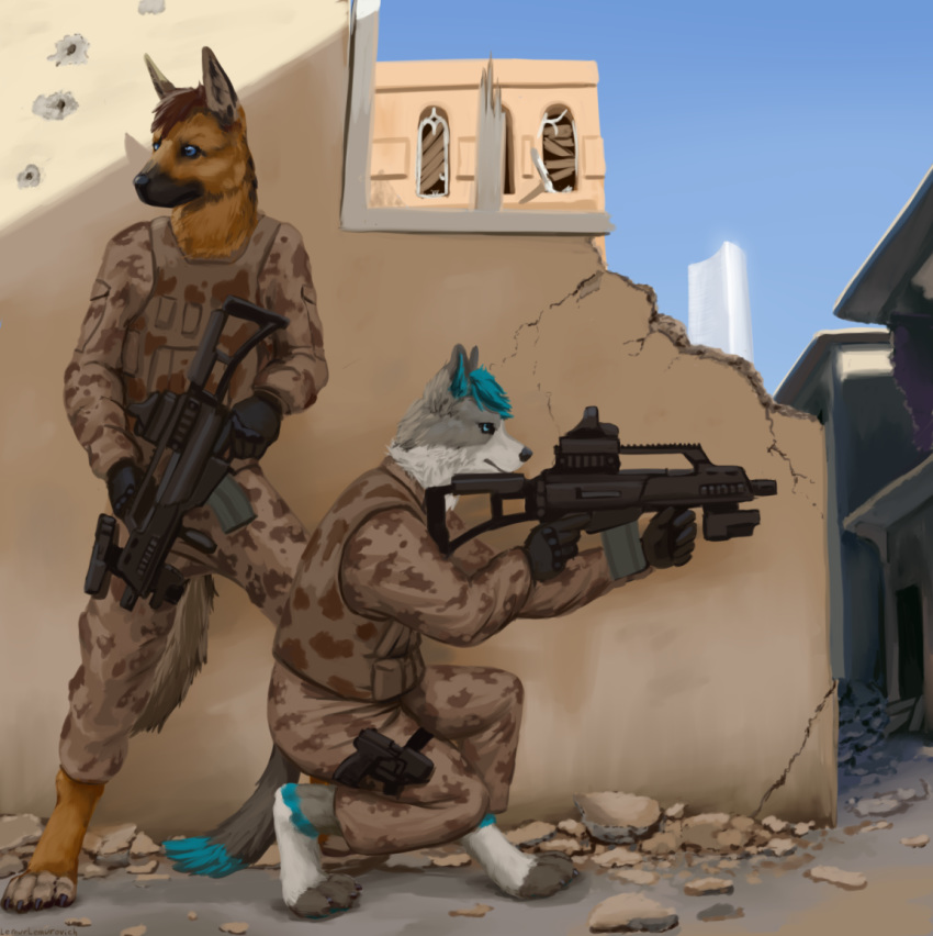 anthro canid canine canis clothing domestic_dog duo german_shepherd gun herding_dog husky lemurlemurovich male mammal nordic_sled_dog pastoral_dog ranged_weapon rifle ruins spitz syria weapon