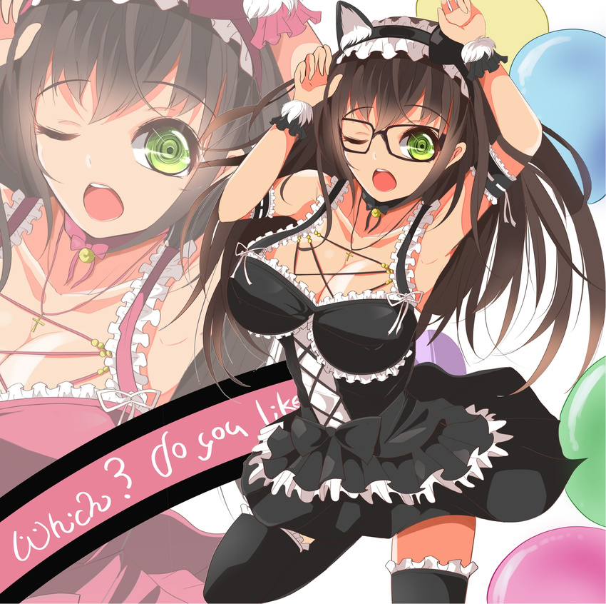 animal_ears arm_strap arm_up armpits arms_up bad_id bad_pixiv_id bell black_dress black_hair black_thighhighs breasts cat_ears cleavage collar collarbone cross dress fake_animal_ears female glasses green_eyes highres jewelry large_breasts long_hair maid maid_headdress neck_bell necklace one_eye_closed open_mouth original pendant solo thighhighs velia wrist_cuffs zettai_ryouiki