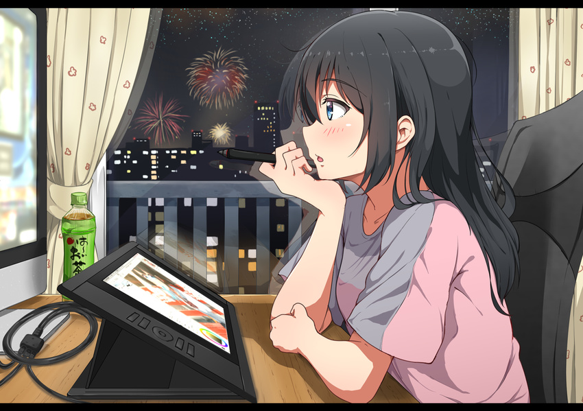 aerial_fireworks black_hair blue_eyes blush bottle chair commentary_request curtains desk drawing_tablet elbows_on_table female fireworks from_side indoors kei_(0497) letterboxed long_hair looking_away monitor night night_sky original parted_lips railing reflection shirt short_sleeves sitting sky solo star_(sky) starry_sky stylus t-shirt tea upper_body window