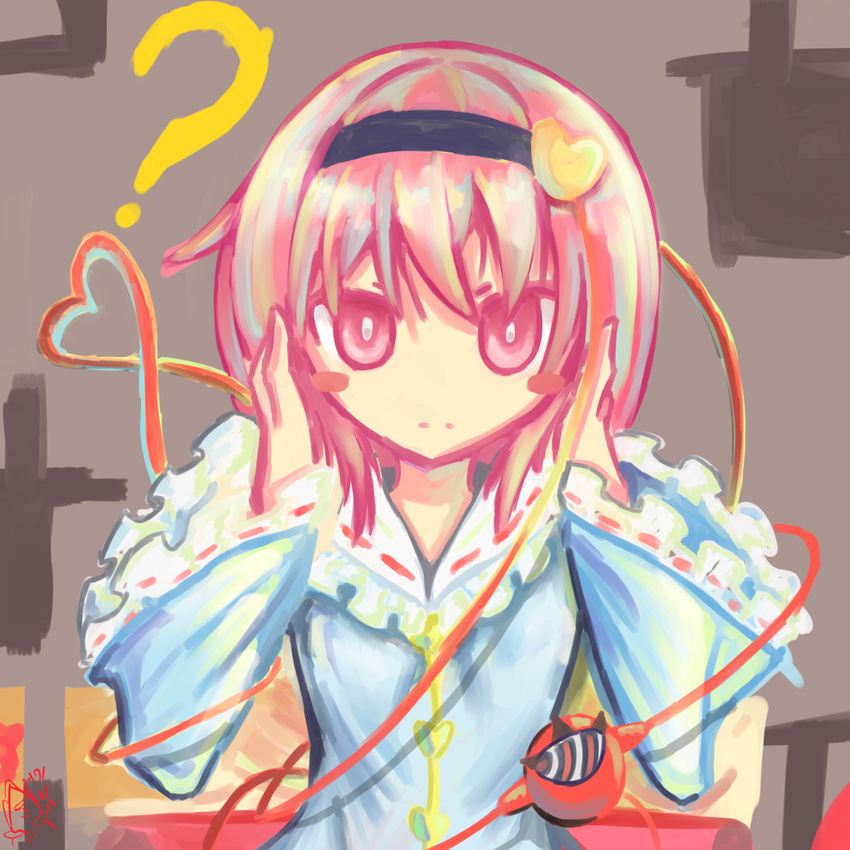 ? blue_shirt blush closed_mouth commentary eyeball female frilled_sleeves frills hair_ornament hairband hands_on_own_head heart heart_hair_ornament heart_of_string highres komeiji_satori looking_at_viewer pekoli pink_eyes pink_hair shirt solo symbol-only_commentary third_eye touhou upper_body