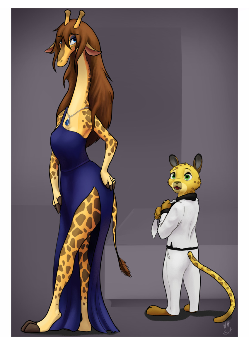 2019 abstract_background anthro barefoot blue_eyes border brown_hair clothed clothing cocktail_dress countershading desmond_(zootopia_fan_character) digit_ring dipstick_ears dipstick_tail disney dress duo ear_markings eyebrow_through_hair eyebrows eyeshadow fan_character feet felid female fur furgonomics giraffe giraffid green_eyes hair hand_on_hip hi_res horn husband_and_wife jaguar jewelry larger_female makeup male mammal markings married_couple molly_(zootopia_fan_character) multicolored_ears multicolored_tail necklace necktie ossicone pantherine purple_eyeshadow ring romantic romantic_ambiance romantic_couple signature size_difference smaller_male spots spotted_body spotted_fur standing tail tail_clothing tail_markings tail_tuft translucent translucent_hair tuft w4g4 wedding_ring white_border zootopia