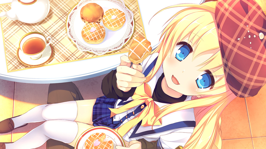 alcot blonde_hair blue_eyes bow clover_day's game_cg hat long_hair nimura_yuushi seifuku takakura_anzu thighhighs