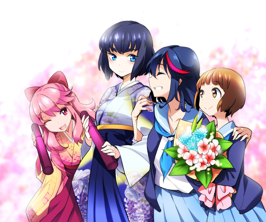 4girls ;d alternate_hairstyle black_hair blue_eyes blue_skirt blush bouquet bow brown_eyes brown_hair commentary_request diploma flower graduation hairbow hakama hakama_skirt hand_on_another's_shoulder highres holding_another's_arm jakuzure_nonon japanese_clothes kill_la_kill kimono kiryuuin_satsuki locked_arms long_hair mankanshoku_mako matoi_ryuuko multicolored_hair multiple_girls mytyl no_headwear one_eye_closed open_mouth photoshop_(medium) pink_eyes pink_hair red_hair red_hakama school_uniform serafuku short_hair sidelocks skirt smile spoilers thick_eyebrows tube two-tone_hair