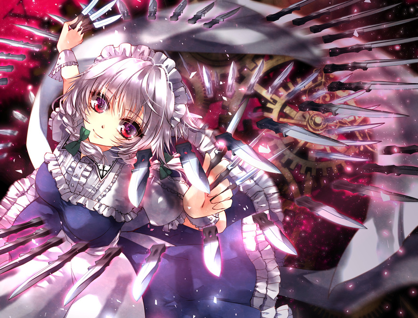 between_fingers braid commentary_request danmaku female gears grey_hair holding holding_knife izayoi_sakuya knife knives_between_fingers lilithbloody maid_headdress multiple_weapons photoshop_(medium) red_eyes solo too_many too_many_knives touhou twin_braids weapon