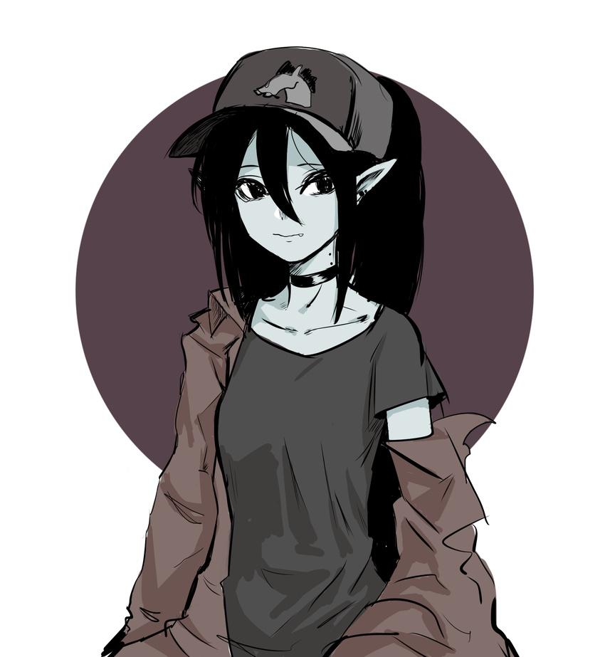 8c adventure_time baseball_cap bite_mark black_eyes black_hair choker colored_skin commentary female grey_skin hat highres korean_commentary long_hair marceline_abadeer oerba_yun_fang pointy_ears shirt solo t-shirt vampire