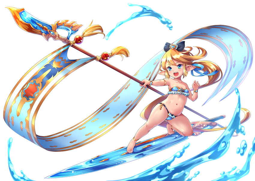 anklet armlet bare_shoulders barefoot bikini blonde_hair blue_bikini blue_eyes blush bow bracelet breasts charlotta_(granblue_fantasy) collarbone combat_s-ko commentary_request crown female frilled_bikini frills full_body granblue_fantasy hairbow harvin highres jewelry long_hair navel oerba_yun_fang open_mouth pointy_ears polearm simple_background small_breasts solo spear surfboard swimsuit very_long_hair water weapon white_background