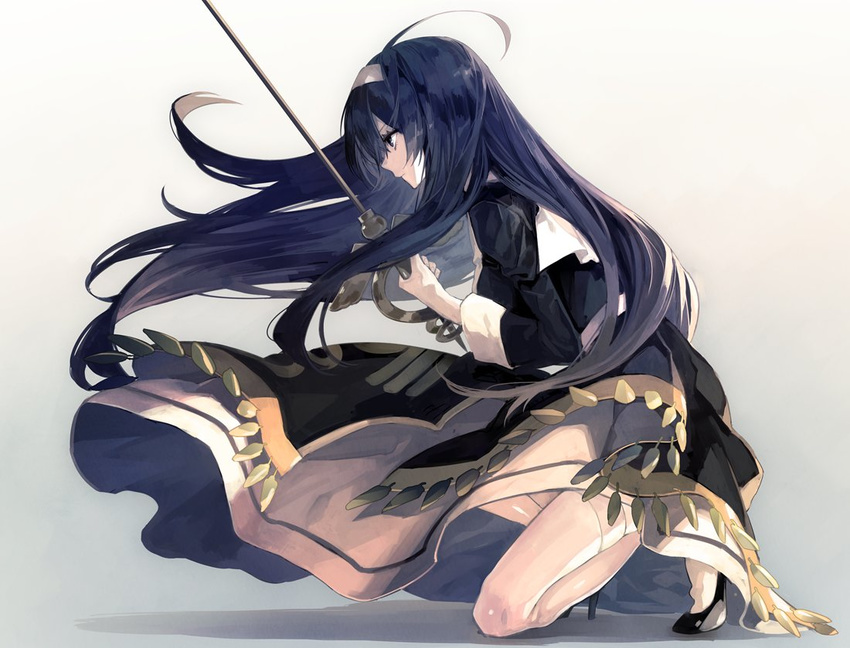 ahoge bad_id bad_twitter_id blue_eyes blue_hair dark_blue_hair dress female hairband high_heels left-handed long_hair on_one_knee orie_ballardiae_harada rapier solo suzunashi sword under_night_in-birth weapon