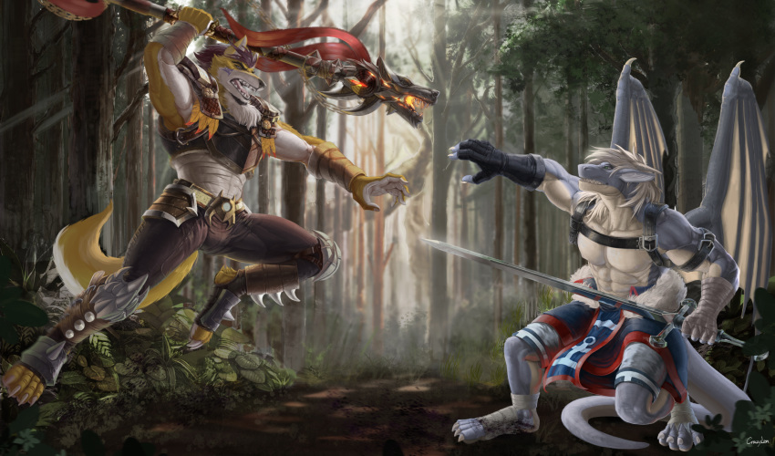 anthro armor canid canine canis clothed clothing dragon duo fight forest fur hair hi_res jumping kzlion lance_(disambiguation) male mammal melee_weapon membrane_(anatomy) membranous_wings muscular mythological_creature mythological_scalie mythology plant scalie sword tail tree warrior weapon wings wolf yellow_body yellow_fur