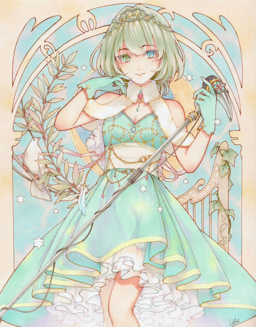 absurdres animal aqua_dress aqua_gloves art_nouveau bare_shoulders bird blue_eyes branch breasts cleavage closed_mouth collarbone commentary_request dove dress feathers feet_out_of_frame female gloves green_eyes green_hair hand_up head_chain heterochromia highres hikonyaaa holding holding_microphone idolmaster idolmaster_cinderella_girls ivy jewelry leaf legs_together looking_at_viewer microphone microphone_stand mole mole_under_eye petticoat plant sash signature sleeveless sleeveless_dress smile solo standing takagaki_kaede traditional_media