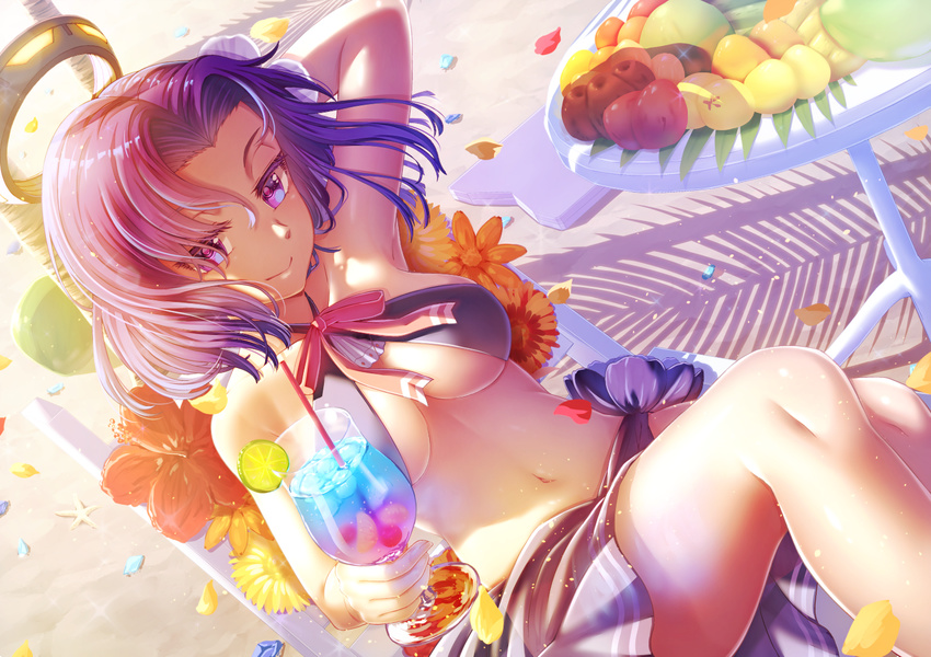 arm_behind_head arm_up bikini black_bikini breasts closed_mouth commentary_request cup day drink drinking_glass drinking_straw dutch_angle female flower food fruit halo halterneck hibiscus holding holding_cup kantai_collection large_breasts lime_(fruit) lime_slice mechanical_halo mocha_(snowflake) navel official_alternate_costume orange_flower petals purple_eyes purple_hair short_hair sitting smile solo swimsuit tatsuta_(kancolle) tatsuta_(swimsuit_mode)_(kancolle) yellow_flower