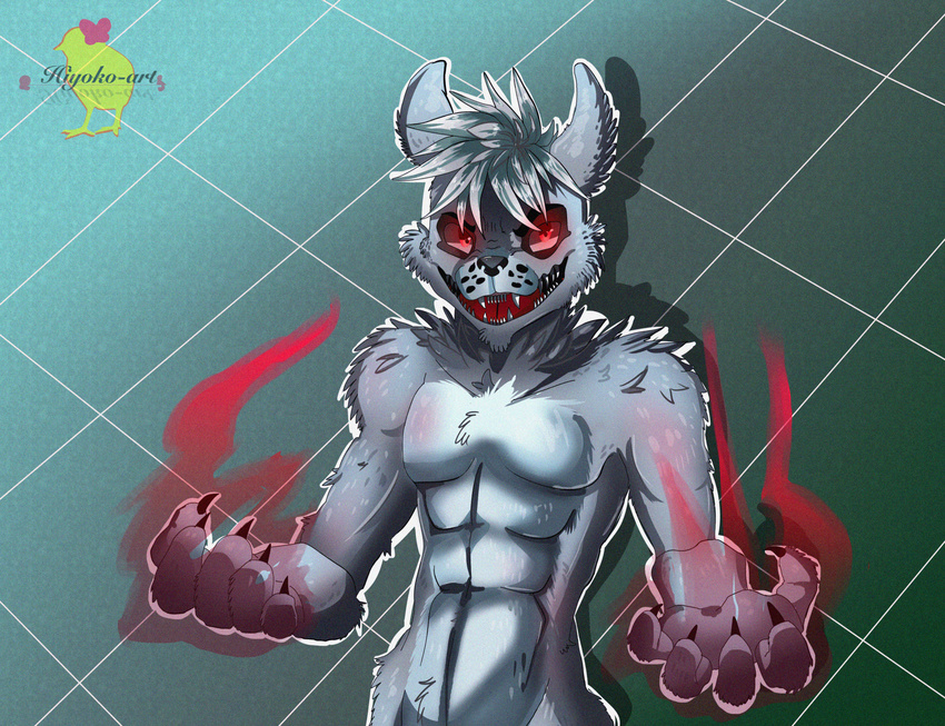 animatronic anthro bear claws digital_media_(artwork) fangs fur hi_res hiyoko machine male mammal muscular muscular_anthro muscular_male red_eyes robot simple_background solo teeth