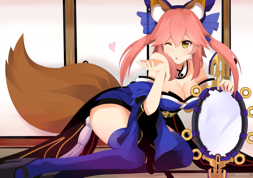 animal_ears bad_id bad_pixiv_id blue_thighhighs bow breasts cleavage detached_sleeves fate/extra fate_(series) female fox_ears fox_tail hair_ribbon hairbow japanese_clothes large_breasts mush_(mushlicious) one_eye_closed pink_hair ribbon solo suiten_nikkou_amaterasu_yanoshisu_ishi tail tamamo_(fate) tamamo_no_mae_(fate/extra) thighhighs yellow_eyes