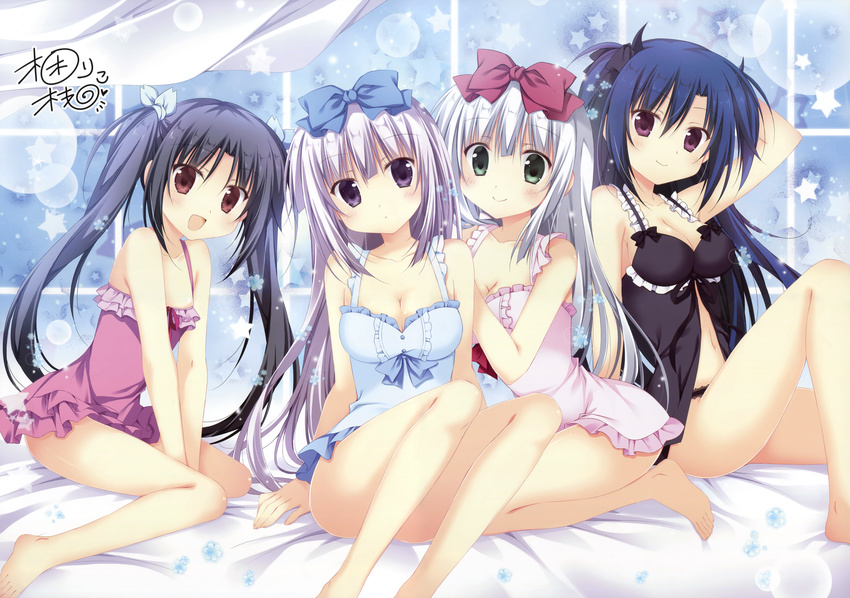 4girls :d absurdres airi_(alice_or_alice) alice_or_alice arm_behind_head babydoll barefoot between_legs black_hair black_ribbon blue_bow blue_hair blush bow breasts brown_eyes cleavage closed_mouth collarbone frills green_eyes grey_hair hair_ribbon hairbow hand_between_legs head_tilt highres kisaki_(alice_or_alice) korie_riko lens_flare light_purple_hair long_hair looking_at_viewer medium_breasts multiple_girls navel official_art open_mouth parted_lips purple_eyes red_bow ribbon rise_(alice_or_alice) scan siblings sisters sitting smile star_(symbol) twins twintails two_side_up underwear underwear_only v_arms very_long_hair white_hair yamiri_(alice_or_alice)