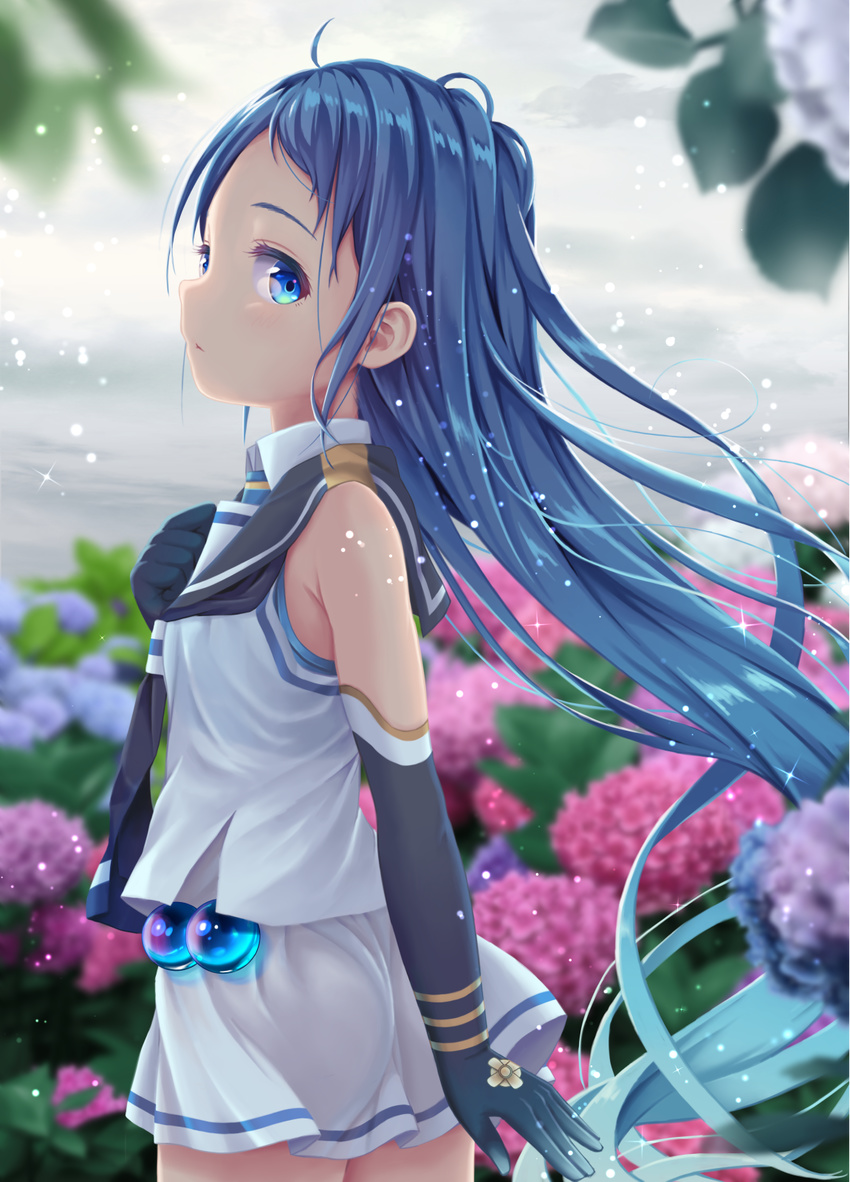 bare_shoulders black_gloves black_neckerchief blue_eyes blue_hair commentary_request cowboy_shot day elbow_gloves eyebrows female flower from_side gloves gradient_hair hane_yoshiyumi highres hydrangea kantai_collection long_hair looking_at_viewer looking_to_the_side multicolored_hair neckerchief outdoors pink_flower purple_flower sailor_collar samidare_(kancolle) school_uniform serafuku shirt skirt sleeveless sleeveless_shirt solo swept_bangs very_long_hair