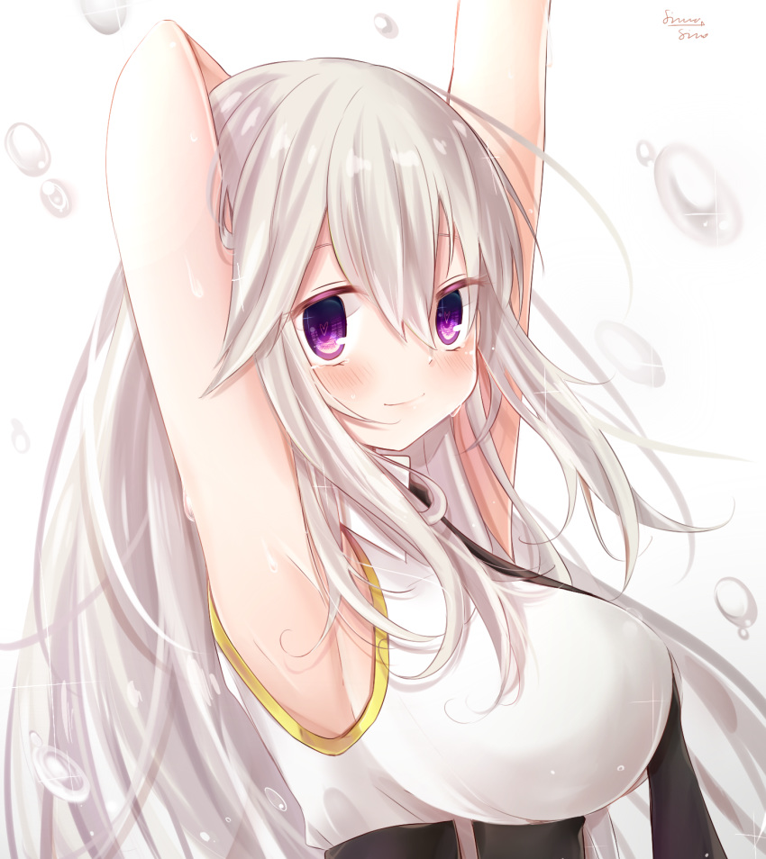 armpits arms_up azur_lane black_necktie blush breasts collared_shirt commentary_request enterprise_(azur_lane) female highres large_breasts long_hair looking_at_viewer necktie purple_eyes shimashiro_itsuki shirt sideboob sleeveless sleeveless_shirt smile solo underbust white_hair