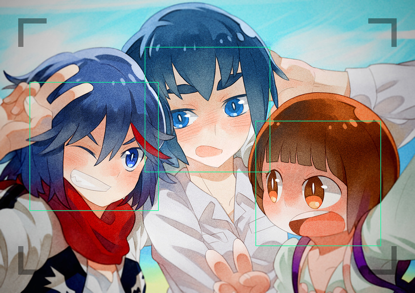 3girls ;d black_hair blue_eyes blush brown_eyes brown_hair collarbone commentary_request contemporary dress_shirt grin highres kill_la_kill kiryuuin_satsuki luo. mankanshoku_mako matoi_ryuuko multicolored_hair multiple_girls one_eye_closed open_mouth photoshop_(medium) red_hair red_scarf scarf shirt short_hair smile spoilers taking_picture teeth thick_eyebrows two-tone_hair upper_body v vest viewfinder